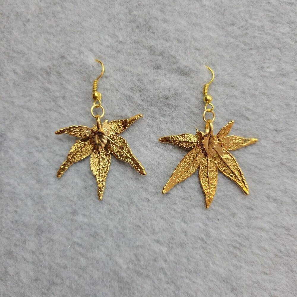 24K Gold Plated Leaf Earrings Natures Jewelry Japanese Maple Fish Hook Unique